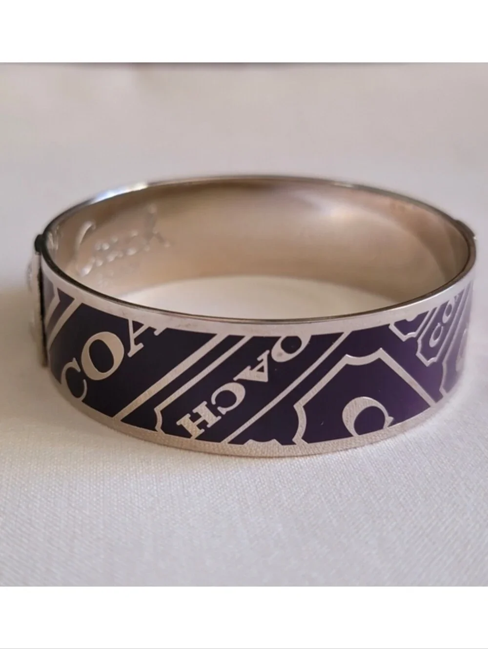 Coach Purple Silver Tone Logo Bangle Bracelet 7.5 Inch Women’s EUC